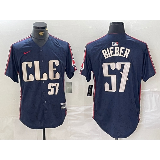 Men's Cleveland Guardians #57 Shane Bieber Number Navy 2024 City Connect Limited Stitched Jersey - Ujersey