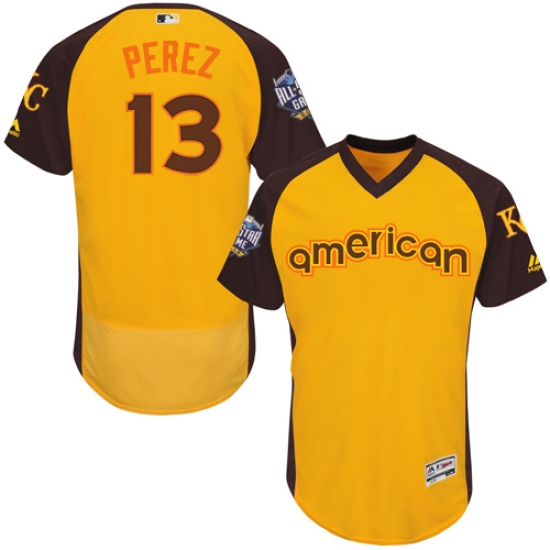 Men's Majestic Kansas City Royals #13 Salvador Perez Yellow 2016 All-Star American League BP Authentic Collection Flex Base MLB Jersey - Ujersey