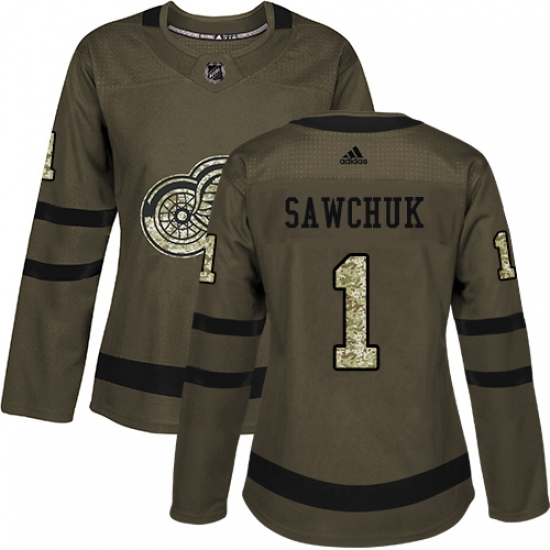 Women's Adidas Detroit Red Wings #1 Terry Sawchuk Authentic Green Salute to Service NHL Jersey - Ujersey