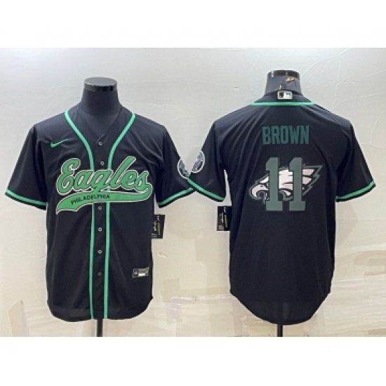 Men's Philadelphia Eagles #11 AJ Brown Black Team Big Logo With Patch Cool Base Stitched Baseball Jersey - Ujersey