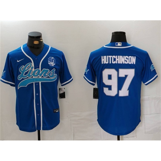 Men's Detroit Lions #97 Aidan Hutchinson Blue With 90th Anniversary Cool Base Stitched Baseball Jersey - Ujersey