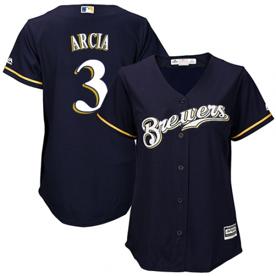 Women's Majestic Milwaukee Brewers #3 Orlando Arcia Replica Navy Blue Alternate Cool Base MLB Jersey - Ujersey