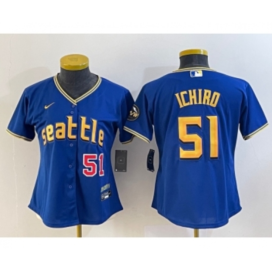 Women's Seattle Mariners #51 Ichiro Suzuki Number Blue 2023 City Connect Cool Base Stitched Jersey1 - Ujersey