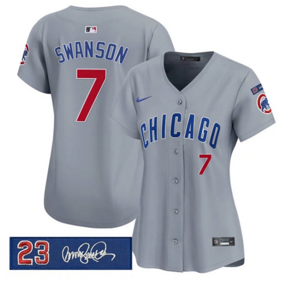 Women's Chicago Cubs #7 Dansby Swanson Gray 'Ryne Sandberg Tribute' Vapor Limited V3 Stitched Baseball Jersey(Run Small) - Ujersey