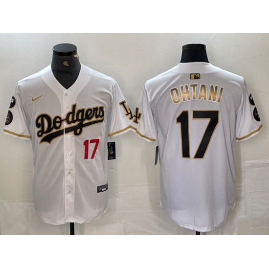 Men's Los Angeles Dodgers #17 Shohei Ohtani Number White Gold Fashion Stitched Cool Base Limited Jerseys - Ujersey