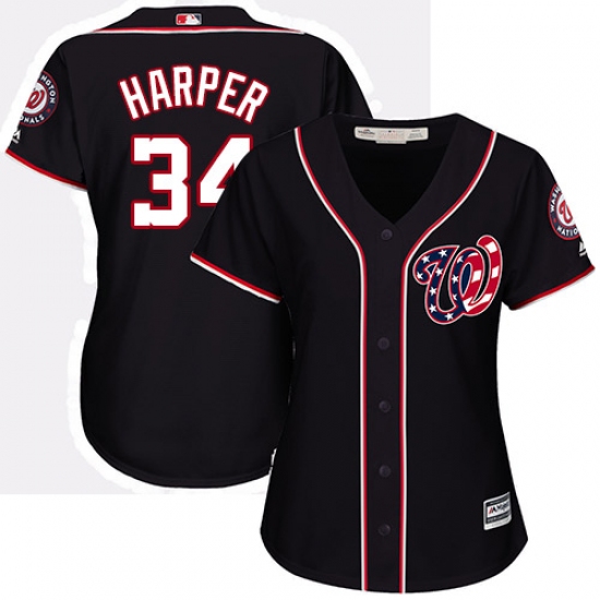 Women's Majestic Washington Nationals #34 Bryce Harper Authentic Navy Blue Alternate 2 Cool Base MLB Jersey - Ujersey