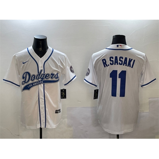Men's Los Angeles Dodgers #11 Roki Sasaki White With Cool Base Stitched Baseball Jersey - Ujersey