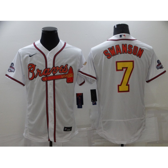 Men's Atlanta Braves #7 Dansby Swanson 2021 White Gold World Series Champions Jersey - Ujersey