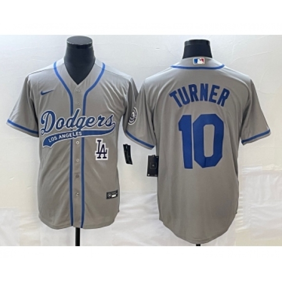 Men's Los Angeles Dodgers #10 Justin Turner Grey Cool Base Stitched Baseball Jersey - Ujersey