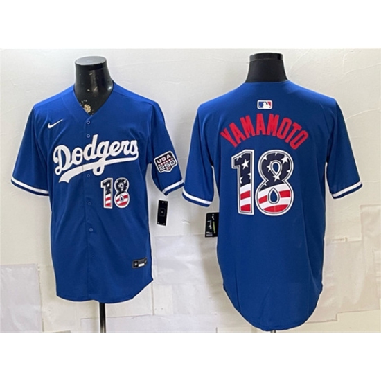 Men's Los Angeles Dodgers #18 Yoshinobu Yamamoto Blue USA 250 Fourth of July Stitched Baseball Jersey - Ujersey