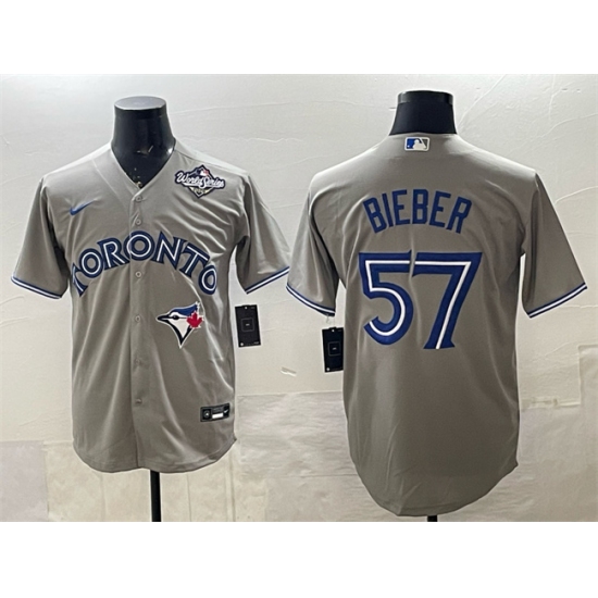 Men's Toronto Blue Jays #57 Shane Bieber Grey 2025 World Series Cool Base Stitched Baseball Jersey - Ujersey