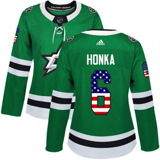 Women's Adidas Dallas Stars #6 Julius Honka Authentic Green USA Flag Fashion NHL Jersey - Ujersey