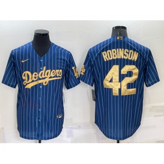 Men's Los Angeles Dodgers #42 Jackie Robinson Navy Blue Gold Pinstripe Stitched MLB Cool Base Nike Jersey - Ujersey