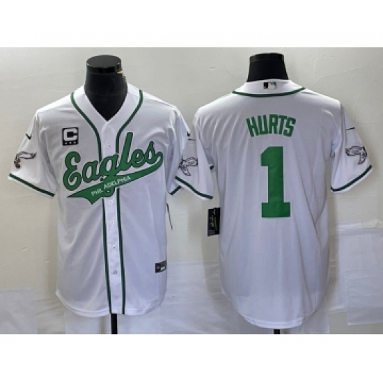 Men's Nike Philadelphia Eagles #1 Jalen Hurts White C Cool Base Stitched Baseball Jersey - Ujersey