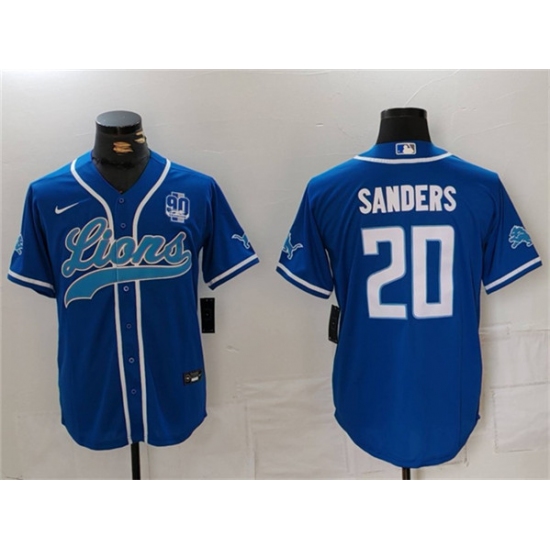 Men's Detroit Lions #20 Barry Sanders Blue With 90th Anniversary Cool Base Stitched Baseball Jersey - ujerseystore