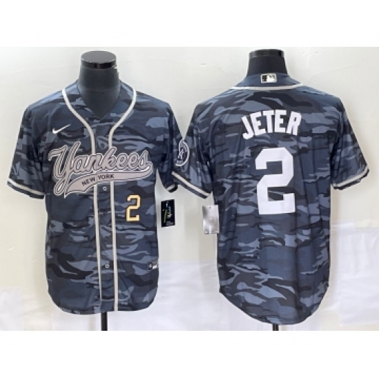 Men's New York Yankees #2 Derek Jeter Number Grey Camo Cool Base Stitched Baseball Jersey - Ujersey