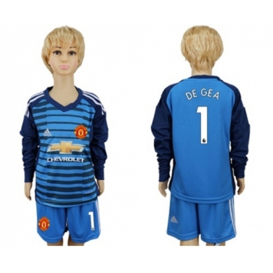Manchester United #1 De Gea Blue Long Sleeves Kid Soccer Club Jersey