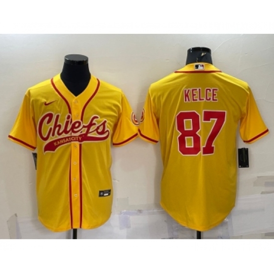 Men's Kansas City Chiefs #87 Travis Kelce Gold With Patch Cool Base Stitched Baseball Jersey - Ujersey