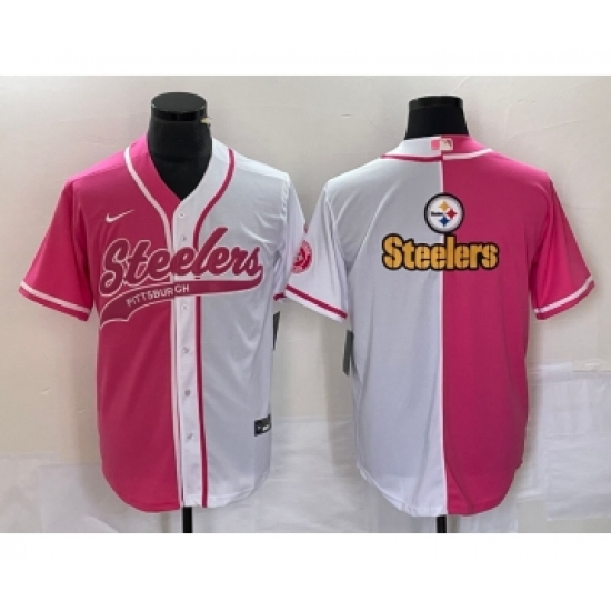 Men's Nike Pittsburgh Steelers Big Logo Pink White Two Tone Cool Base Stitched Baseball Jersey - Ujersey