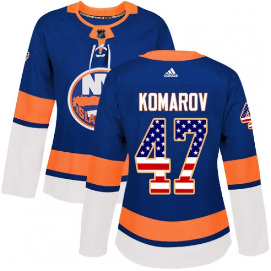 Women's Adidas New York Islanders #47 Leo Komarov Authentic Royal Blue USA Flag Fashion NHL Jersey