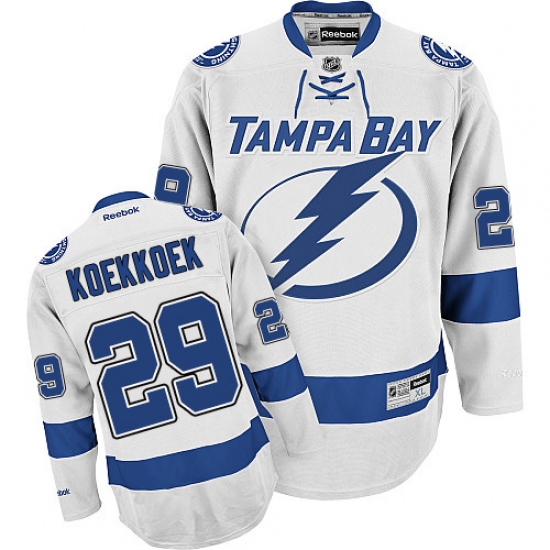 Men's Reebok Tampa Bay Lightning #29 Slater Koekkoek Authentic White Away NHL Jersey - Ujersey