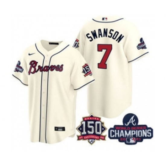 Men's Atlanta Braves #7 Dansby Swanson 2021 Cream World Series Champions With 150th Anniversary Patch Cool Base Stitched Jersey - Ujersey