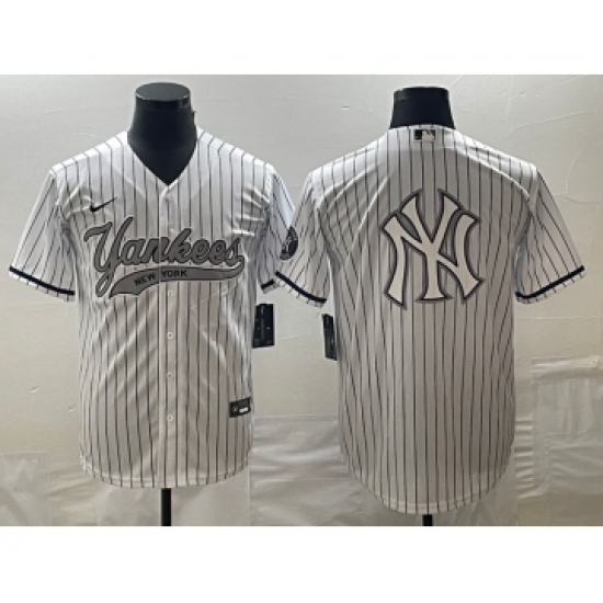 Men's New York Yankees Big Logo White Pinstripe Cool Base Stitched Baseball Jerseys - Ujersey