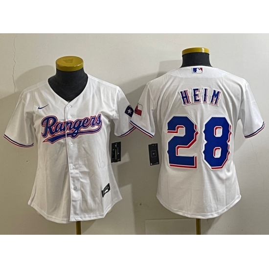 Women's Texas Rangers #28 Jonah Heim White 2023 World Series Champions Cool Base Jersey