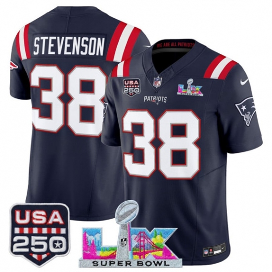 Men's New England Patriots #38 Rhamondre Stevenson Navy 2025 F.U.S.E. Super Bowl LX And USA 250 Vapor Limited Football Stitched Jersey - Ujersey