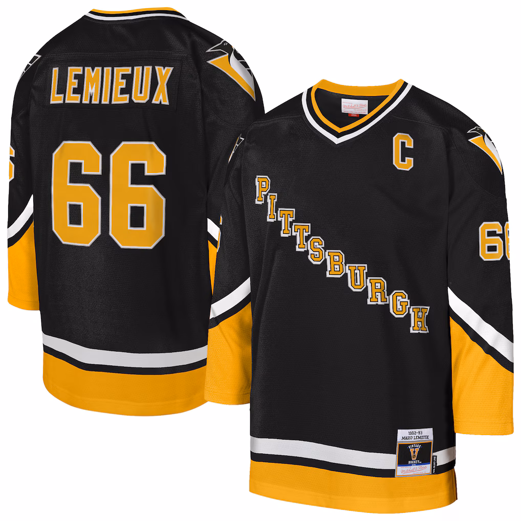 Youth Pittsburgh Penguins Mario Lemieux Mitchell & Ness Black 1992/93 Captain Patch Power Play Player Jersey - ujerseystore