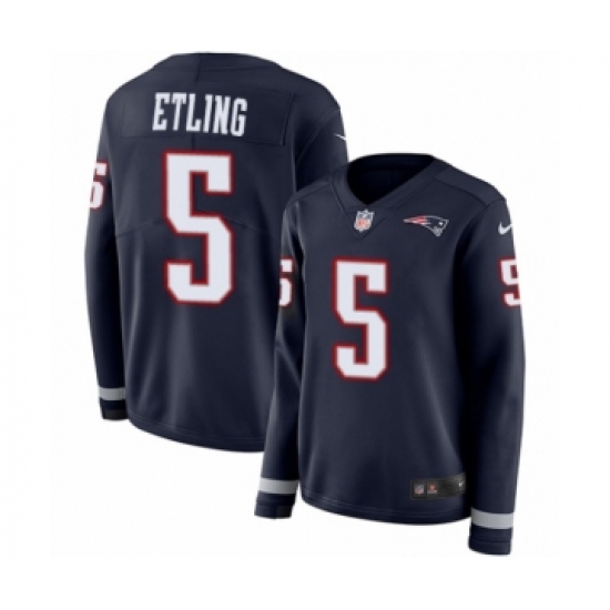 Women's Nike New England Patriots #5 Danny Etling Limited Navy Blue Therma Long Sleeve NFL Jersey - Ujersey