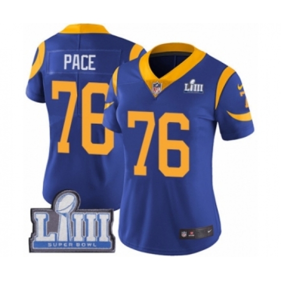 Women's Nike Los Angeles Rams #76 Orlando Pace Royal Blue Alternate Vapor Untouchable Limited Player Super Bowl LIII Bound NFL Jersey - Ujersey