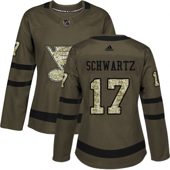 Women's Adidas St. Louis Blues #17 Jaden Schwartz Authentic Green Salute to Service NHL Jersey - Ujersey