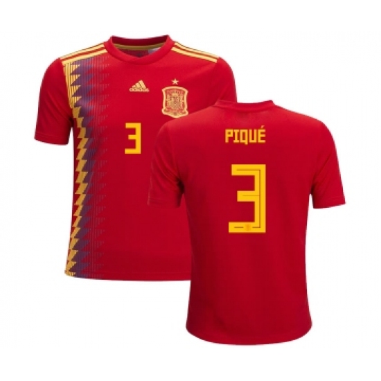 Spain #3 Pique Red Home Kid Soccer Country Jersey