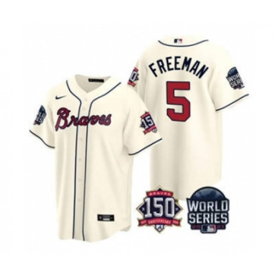 Men's Atlanta Braves #5 Freddie Freeman 2021 Cream World Series With 150th Anniversary Patch Cool Base Baseball Jersey - Ujersey
