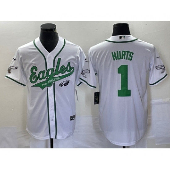 Men's Nike Philadelphia Eagles #1 Jalen Hurts White Cool Base Stitched Baseball Jersey - Ujersey