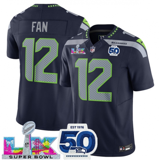 Men's Seattle Seahawks #12 Fan Navy 2025 F.U.S.E. Super Bowl LX And 50th Season Vapor Limited Football Stitched Jersey - ujerseystore