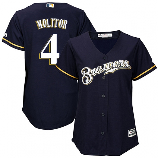 Women's Majestic Milwaukee Brewers #4 Paul Molitor Authentic Navy Blue Alternate Cool Base MLB Jersey - Ujersey
