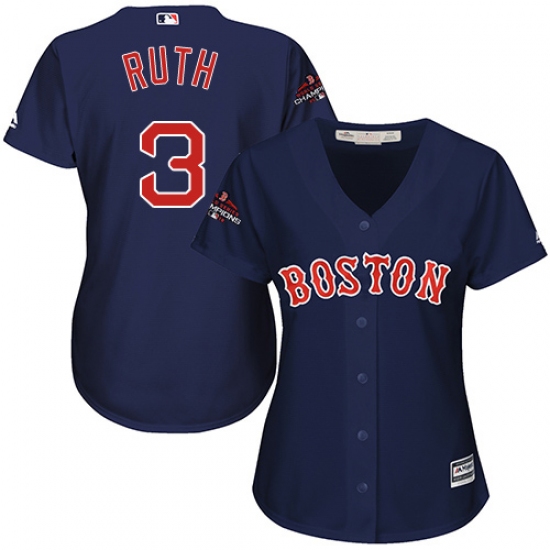 Women's Majestic Boston Red Sox #3 Babe Ruth Authentic Navy Blue Alternate Road 2018 World Series Champions MLB Jersey - Ujersey