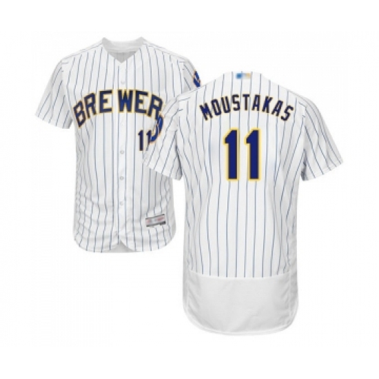 Men's Milwaukee Brewers #11 Mike Moustakas White Home Flex Base Authentic Collection Baseball Jersey - Ujersey