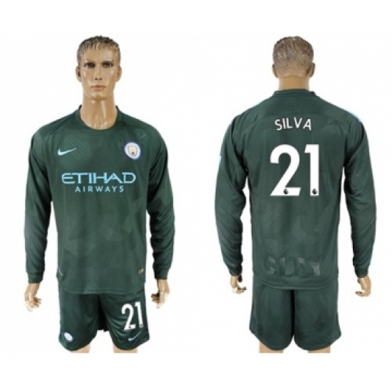 Manchester City #21 Silva Sec Away Long Sleeves Soccer Club Jersey