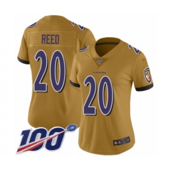 Women's Baltimore Ravens #20 Ed Reed Limited Gold Inverted Legend 100th Season Football Jersey - Ujersey