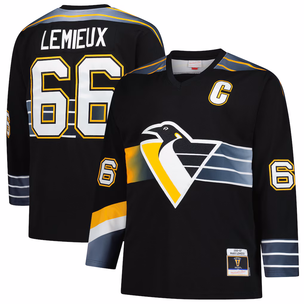 Men's Pittsburgh Penguins Mario Lemieux Mitchell & Ness Black 1996/97 Blue Line 2.0 Jersey