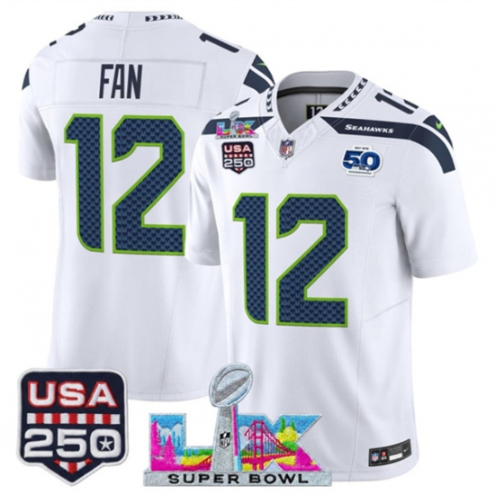 Men's Seattle Seahawks #12 Fan White 2025 F.U.S.E. Super Bowl LX And 50th Season & USA 250 Vapor Limited Football Stitched Jersey - Ujersey