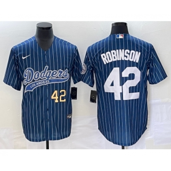Men's Los Angeles Dodgers #42 Jackie Robinson Number Blue Pinstripe Cool Base Stitched Baseball Jersey - Ujersey