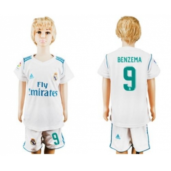 Real Madrid #9 Benzema White Home Kid Soccer Club Jersey