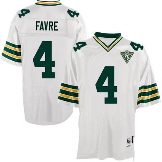 Mitchell and Ness Green Bay Packers #4 Brett Favre Authentic White With 75th Patch Throwback NFL Jersey - Ujersey