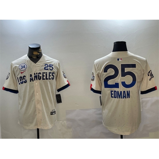 Men's Los Angeles Dodgers #25 Tommy Edman Cream 2024 World Series With No. 34 City Connect Limited Stitched Baseball Jersey - Ujersey