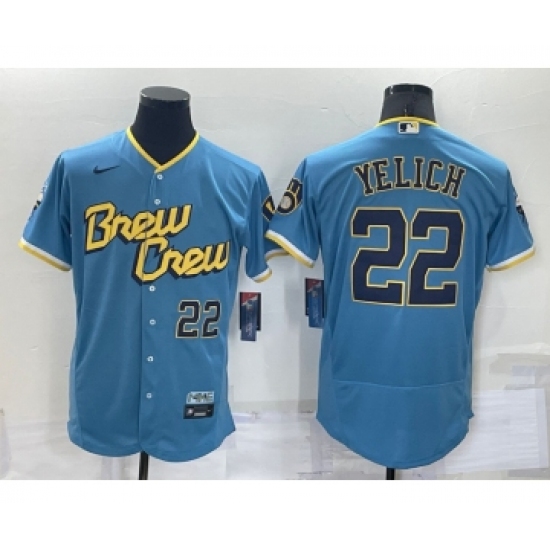 Men's Milwaukee Brewers #22 Christian Yelich Number Blue 2022 City Connect Flex Base Stitched Jersey - Ujersey