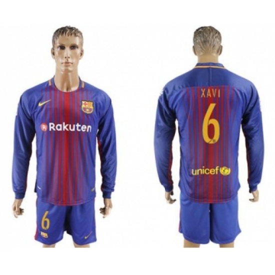 Barcelona #6 Xavi Home Long Sleeves Soccer Club Jersey
